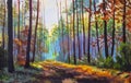 Autumn oil painting. Autumn forest with sunlight. Path in forest through trees with vivid colorful leaves. Royalty Free Stock Photo