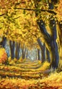 Autumn oil painting big old trees oak in autumn park forest Royalty Free Stock Photo