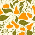 Autumn orange, gray pumpkins, leaves, light background. Vector seamless pattern. Halloween illustration. October harvest. Organic