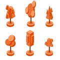 autumn orange isometric trees set. decor element vector illustration