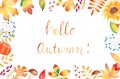 Autumn orange leaves, sunflower, pumkin frame. Fall watercolor clipart.