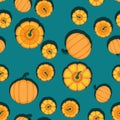 Autumn orange pumpkins blue-green background. Vector seamless pattern. Halloween illustration. October harvest. Organic vegetable Royalty Free Stock Photo