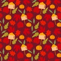 Autumn orange pumpkins, flowers, leaves, black background. Vector seamless pattern. Halloween illustration. October harvest.