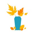Autumn orange and yellow leaves in blue vase. Autumn concept for postcard, card, for thematic banner, poster