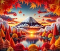 Autumn Origami Mount Fuji with Maple Trees and Clouds