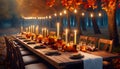 Autumn outdoor banquet table, autumn harvest season, holiday party,