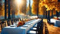 Autumn outdoor banquet table, autumn harvest season, holiday party,