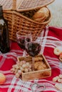 Autumn outdoor picnic set. A bottle of red wine, two wine glasses, checked plaid, grape, apple and cookies. Royalty Free Stock Photo