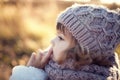 Autumn outdoor, toddler girl walking outdoors. Royalty Free Stock Photo