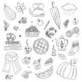 Autumn outline doodles. Hand drawn vector set of sketches: scarf, teapot, pumpkin pie, mushrooms, leaves, pumpkins. Autumn, hygge