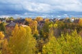 Autumn on outskirts of city. Bright blue sky with thick clouds. September, October, November. Sunny day Royalty Free Stock Photo