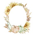 Autumn oval frame made of watercolor pumpkins and sunflowers