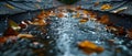 Autumn Overflow: Gutter Engulfed by Rain & Leaves. Concept Autumn, Rain, Gutter, Leaves, Overflow