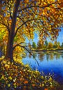 Autumn painting acrylic on canvas autumn tree on banks of blue forest river