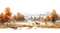Delicate Watercolor Horses In Fall Landscape - 8k Resolution