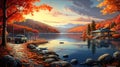 Autumn Splendor: Hyper-detailed Lake Scene With Gas Station