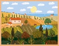Autumn panorama countryside landscape farm fields. Fall rural rustic view, trees, hills yellow orange foliage. Vector