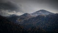 Autumn panorama with fog in the mountains on lake teletskoye, altai, russia Royalty Free Stock Photo