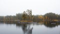 Autumn panorama of Haukkajarvi lake. Cloudy morning view of National park Helvetinjarvi, Finland, Europe. Beauty of nature concept