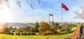 Autumn panorama of the Otagtepe park and the Fatih Sultan Mehmet bridge of Istanbul, Turkey Royalty Free Stock Photo