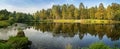 Autumn panorama with a pond and pines on the shore, Russia Ural Royalty Free Stock Photo