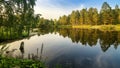 Autumn panorama with a pond and pines on the shore, Russia Ural Royalty Free Stock Photo