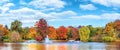 Autumn panorama pond and trees in park