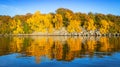 Autumn panorama of Swedish rocky sea coast with reflection