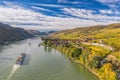 Autumn panorama of Wachau valley with ships on Danube river near the Weissenkirchen village in Lower Royalty Free Stock Photo