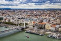 Autumn panoramic view from Gellert Hill to Pest side of Budapest and Elisabeth Bridge and river Danube on stormy weather. Budapest Royalty Free Stock Photo