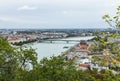 Autumn panoramic view from Gellert Hill to Pest side of Budapest and Petofi Bridge and river Danube on stormy weather. Budapest, Royalty Free Stock Photo