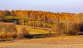 Autumn panoramic view of hill fields and meadows with forest surrounding Zagorzyce village in Podkarpacie region of Poland