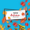 Autumn in paper cut style. Origami leaves, mushroom. cone. Hello Autumn. September. October. Rectangle frame for text