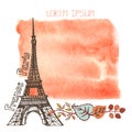 Autumn Paris.Eiffel tower,watercolor splash,leaves Royalty Free Stock Photo