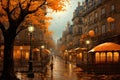 Autumn in Paris, France. Watercolor painting on canvas, A painting depicting a Paris street in autumn with a man walking under the Royalty Free Stock Photo