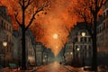 Autumn in Paris, France. Watercolor painting on canvas, A painting depicting a Paris street in autumn with a man walking under the Royalty Free Stock Photo