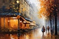 Autumn in Paris, France. Watercolor painting on canvas, A painting depicting a Paris street in autumn with a man walking under the Royalty Free Stock Photo