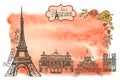 Autumn Paris.Landmarks,leaves,watercolor splash