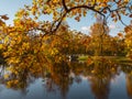 Beautiful autumn landscape with an old stone bridge and a red tree branch over the lake. Royalty Free Stock Photo