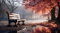 An autumn park with bench at morning fog in winter Royalty Free Stock Photo