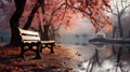 An autumn park with bench at morning fog in winter Royalty Free Stock Photo