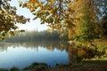 Autumn park in the early morning the lake is covered with fog on the shore of yellow trees Royalty Free Stock Photo