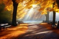 Autumn park landscape with leafy pathway and benches