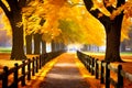 Autumn park with leafy pathway. embraced by wooden fence Royalty Free Stock Photo