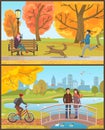 Autumn Park, Man with Dog or Couple on Bridge Royalty Free Stock Photo
