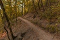 Autumn park outdoor nature scenery environment space September orange color landscape with dirt trail path way and without people Royalty Free Stock Photo