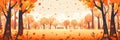 Autumn park panorama with falling colorful leaves. Banner background with copy space, digital illustration, generative AI Royalty Free Stock Photo