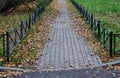 Autumn Park path with a low fence, covered with yellow leaves Royalty Free Stock Photo