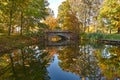 Autumn park - a pond with a picturesque bridge.