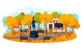 Autumn park, recreation landscape, nature background, leisure street, urban tree, design, flat style vector illustration Royalty Free Stock Photo